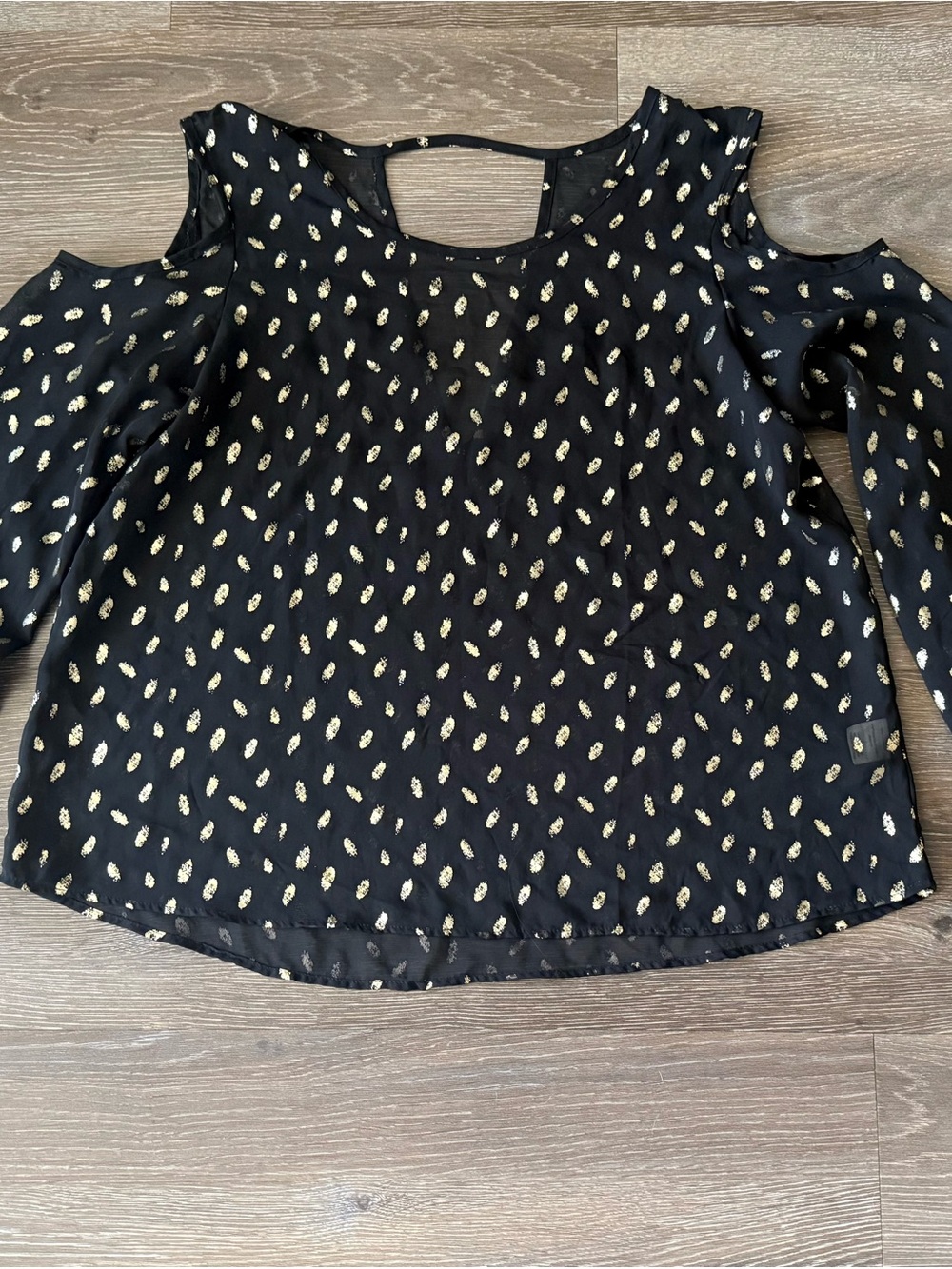 Black Cold-Shoulder Blouse with Gold Dot Print